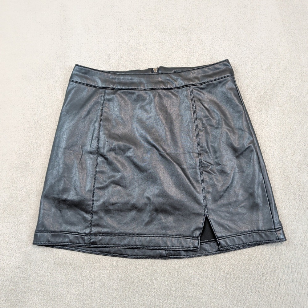 Rewash Y2K Faux Leather Mini Skirt S Black Front Slit High Waisted Edgy Moto